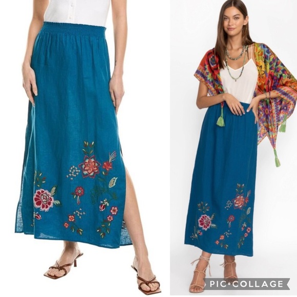 NEW NWT JOHNNY WAS MESSINE HIGH SLIT LINEN EMBROIDERED MAXI SKIRT TEAL FLORAL - Picture 1 of 16